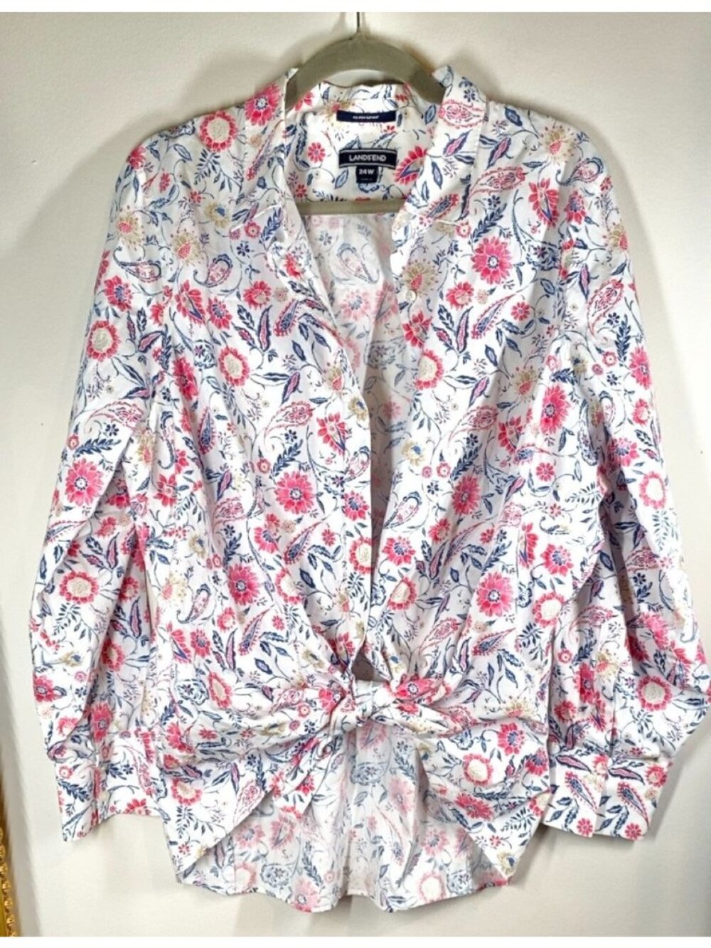 Lands End Womens No Iron Supima Cotton Floral Print Button-Up Shirt 24W